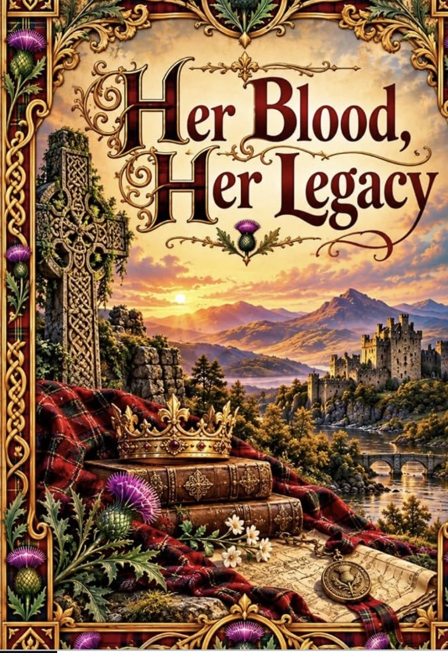 Her Blood, Her Legacy book cover, with Scottish thistles, a crown, and a Highland castle